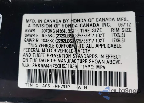 2012 Honda Cr-V Ex-L from USA, damaged, VIN 2HKRM4H75CH631936